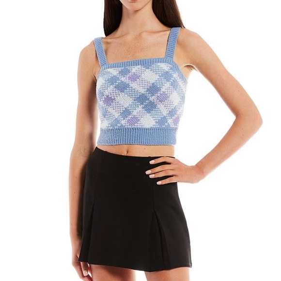 Evolutionary Tops - Argyle Sweater Knit Square Neck Sleeveless Sweater Large Blue Evolutionary